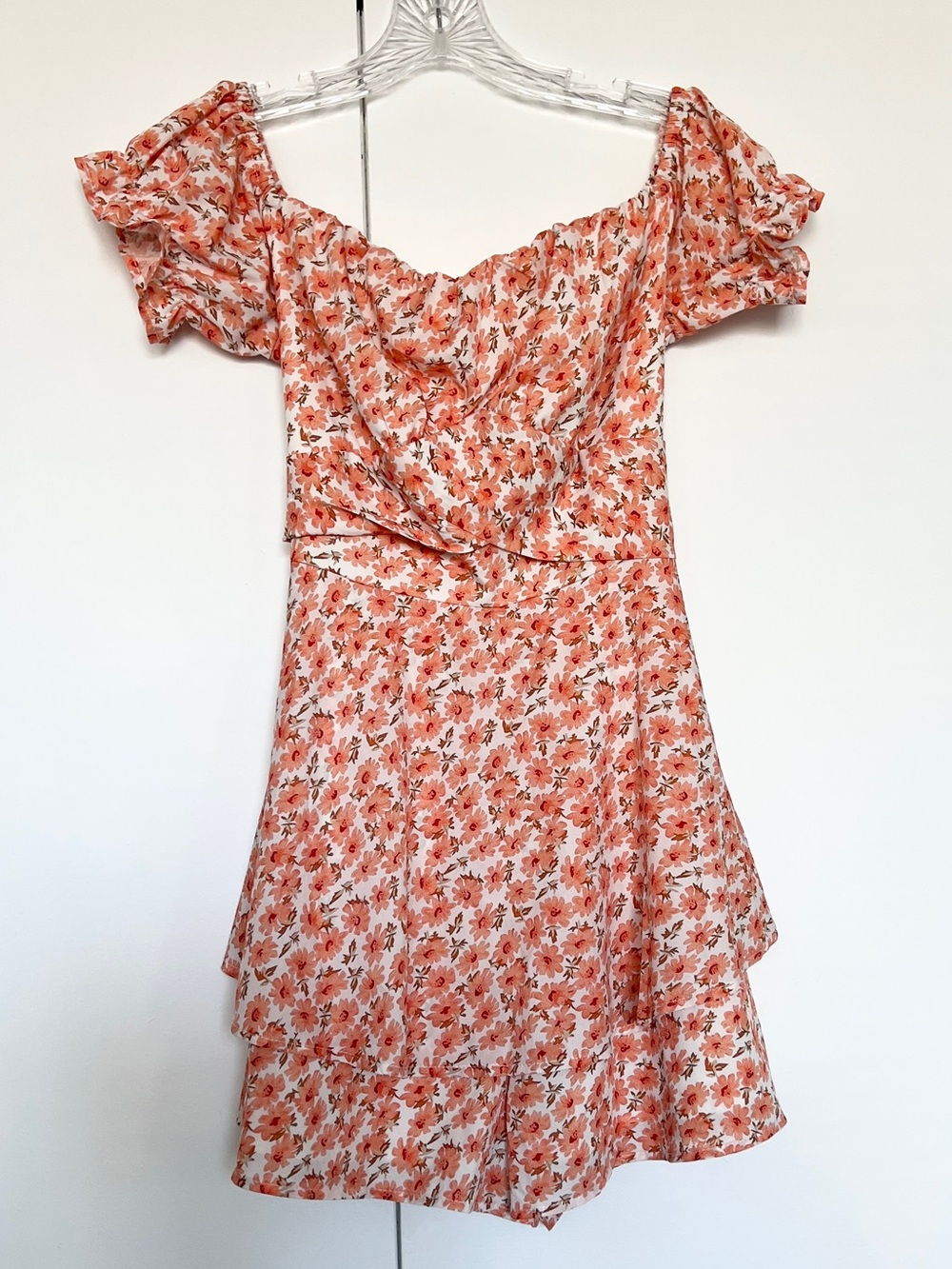 Floral Orange Off-Shoulder Ruffle Romper Dress